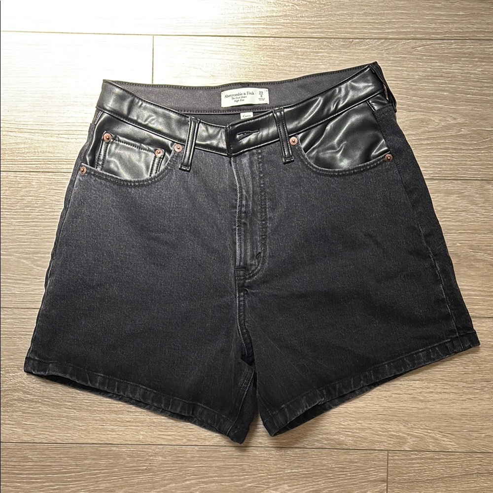 Abercrombie & Fitch Black Jean and Faux Leather High Rise Dad Shorts